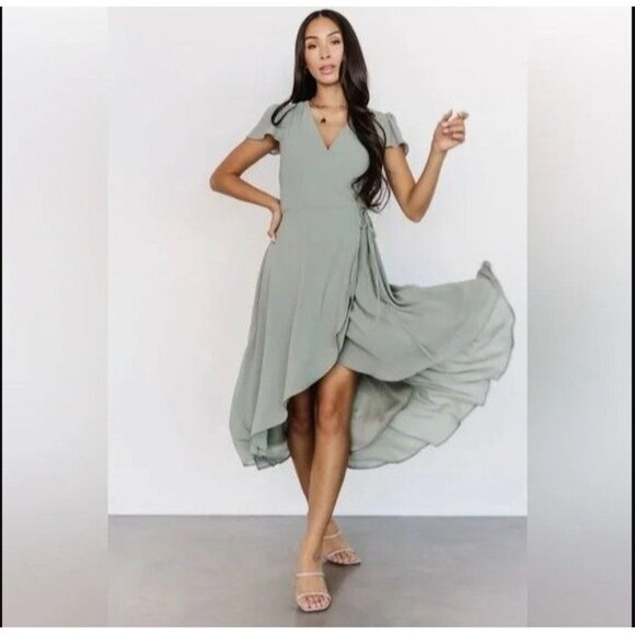 Baltic Born Sage Green Faux Wrap Maxi Dress‎ 2X Flutter Sleeve Lined - Picture 1 of 16